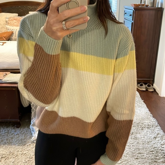 Ann Taylor Cream, Green, Yellow and Brown Color Block Mock Neck Sweater Size S - Picture 3 of 9